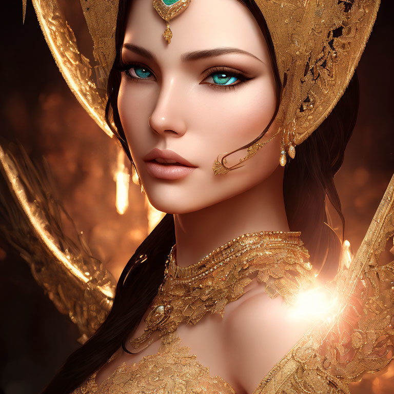 Digital artwork of woman with striking blue eyes and gold jewelry against warm backdrop
