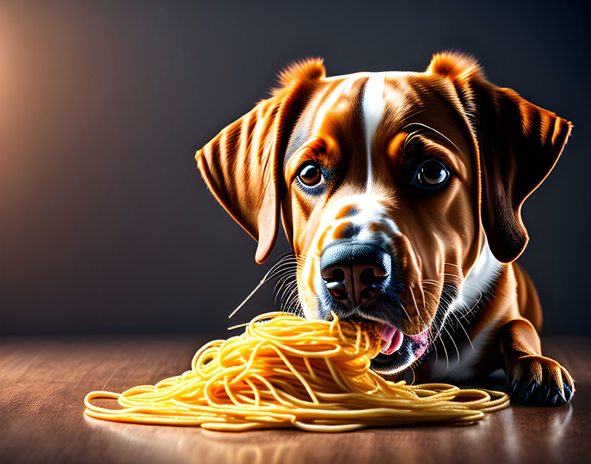 dog eating spaghetti