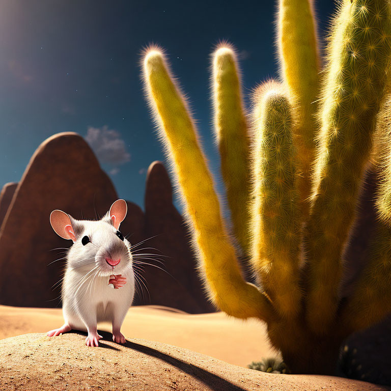 Cartoon mouse with cactus in desert landscape