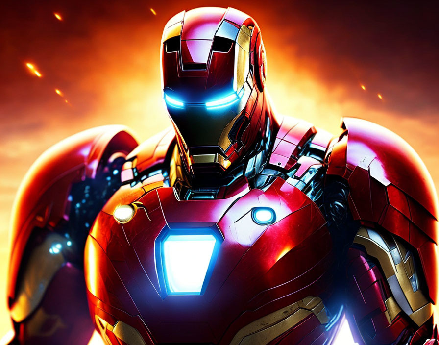 Detailed Close-Up of Glowing Iron Man Armor on Fiery Background