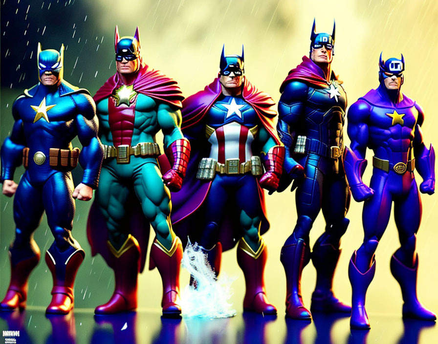 Four Superheroes in Batman and Captain America-Inspired Costumes Standing in Rain
