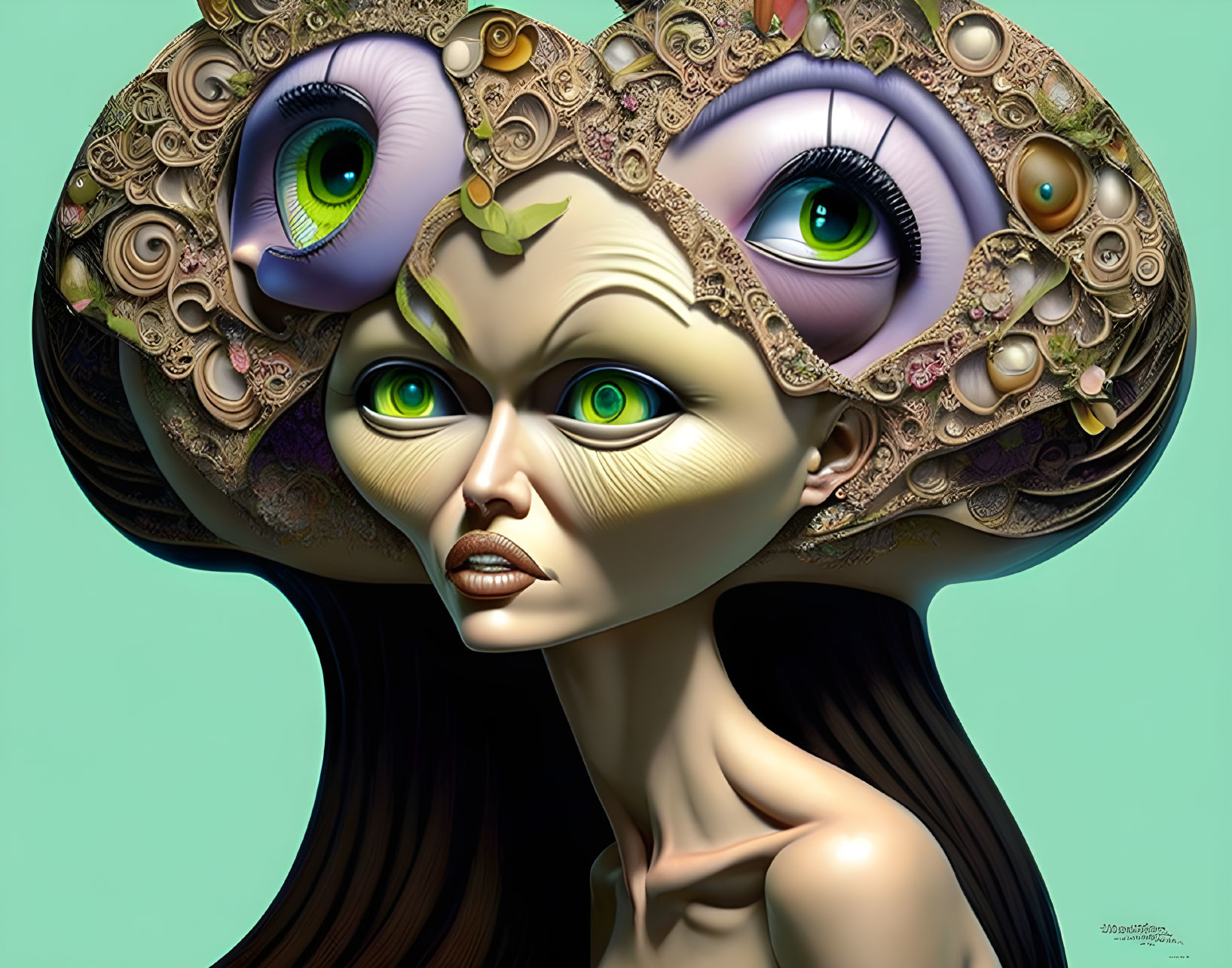 Surreal digital artwork: Woman with multiple eyes and brain-like head on teal background