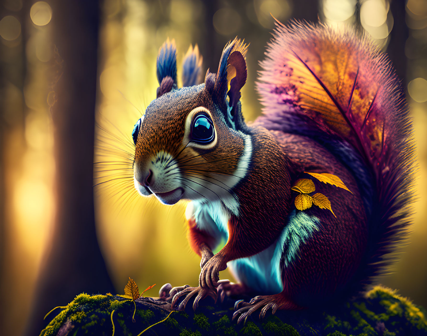 Digital Art: Squirrel on Mossy Log in Forest Scene