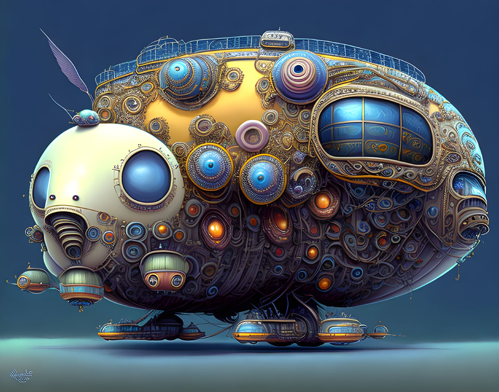 Fantastical airship illustration with steampunk submarine theme