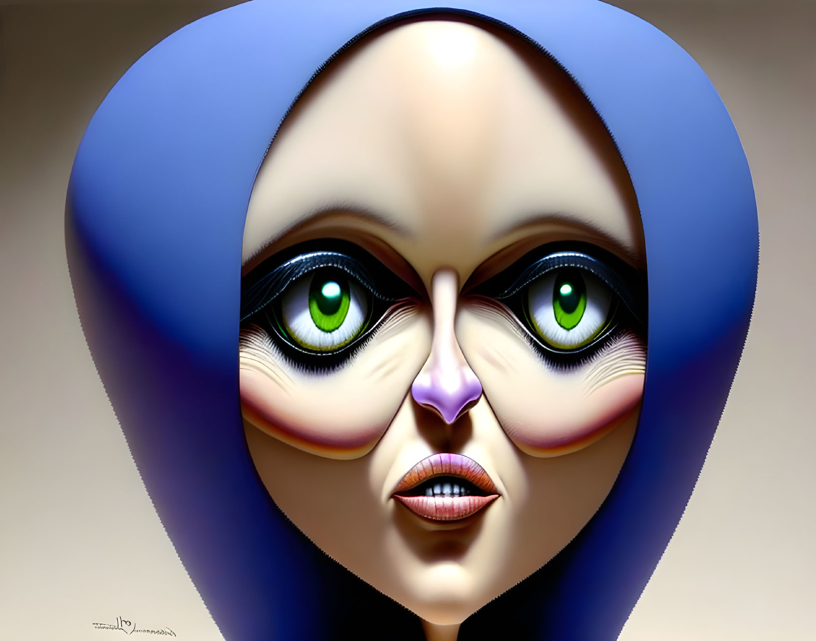 Exaggerated large eyes and features in surreal digital art