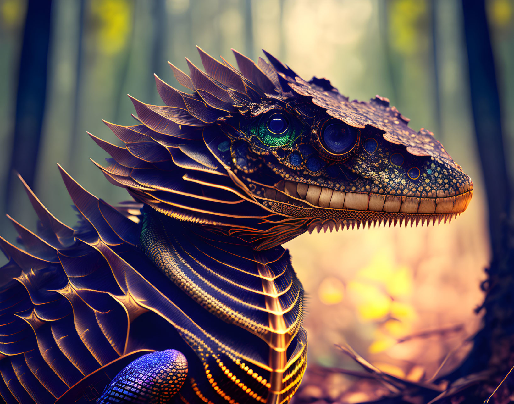 Detailed Digital Artwork: Mechanical Lizard with Metal Scales in Forest Setting