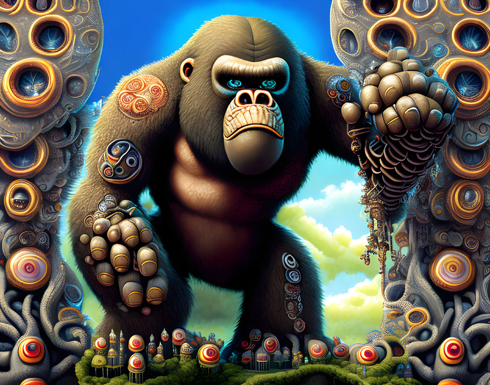 Colorful surreal artwork featuring a tribal gorilla amidst ornate circles and sky