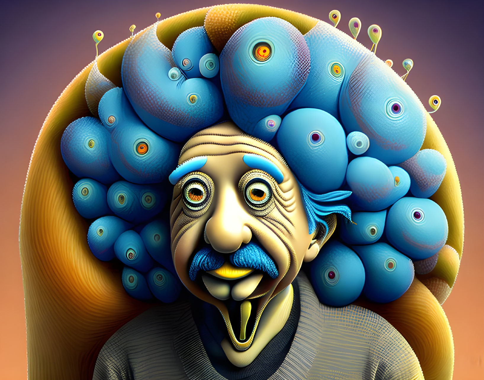 Colorful surreal portrait: Man with multiple eyes on head and tongue eye, orange backdrop