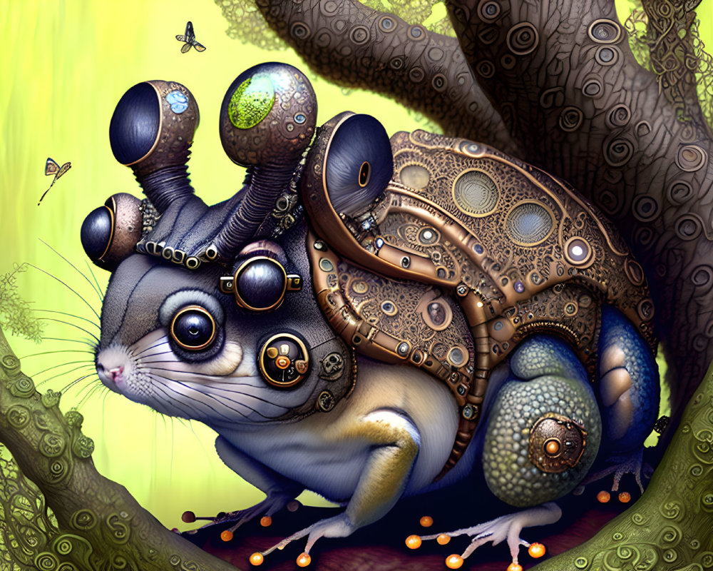 Mechanical steampunk rabbit in a whimsical forest setting