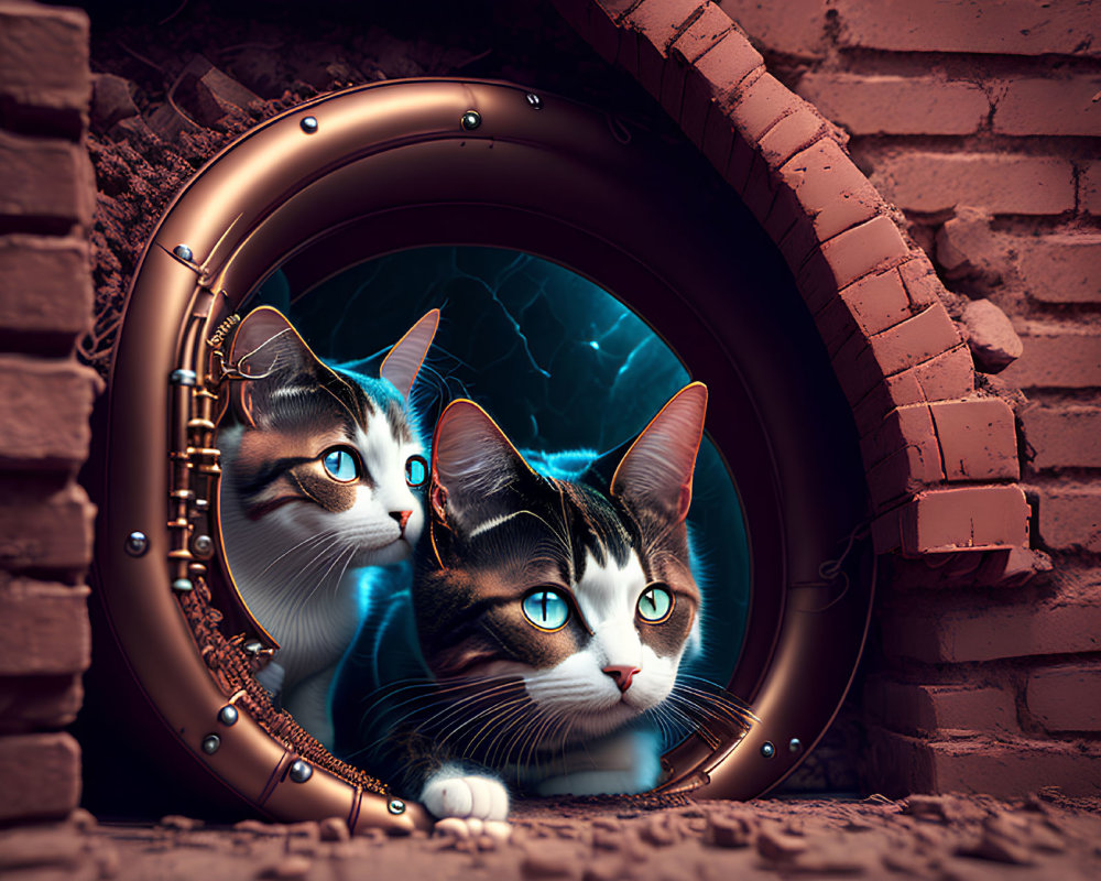 Curious cats peeking from brass-rimmed portal in brick wall with blue vortex.