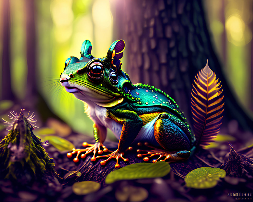 Colorful Stylized Frog in Enchanted Forest Setting