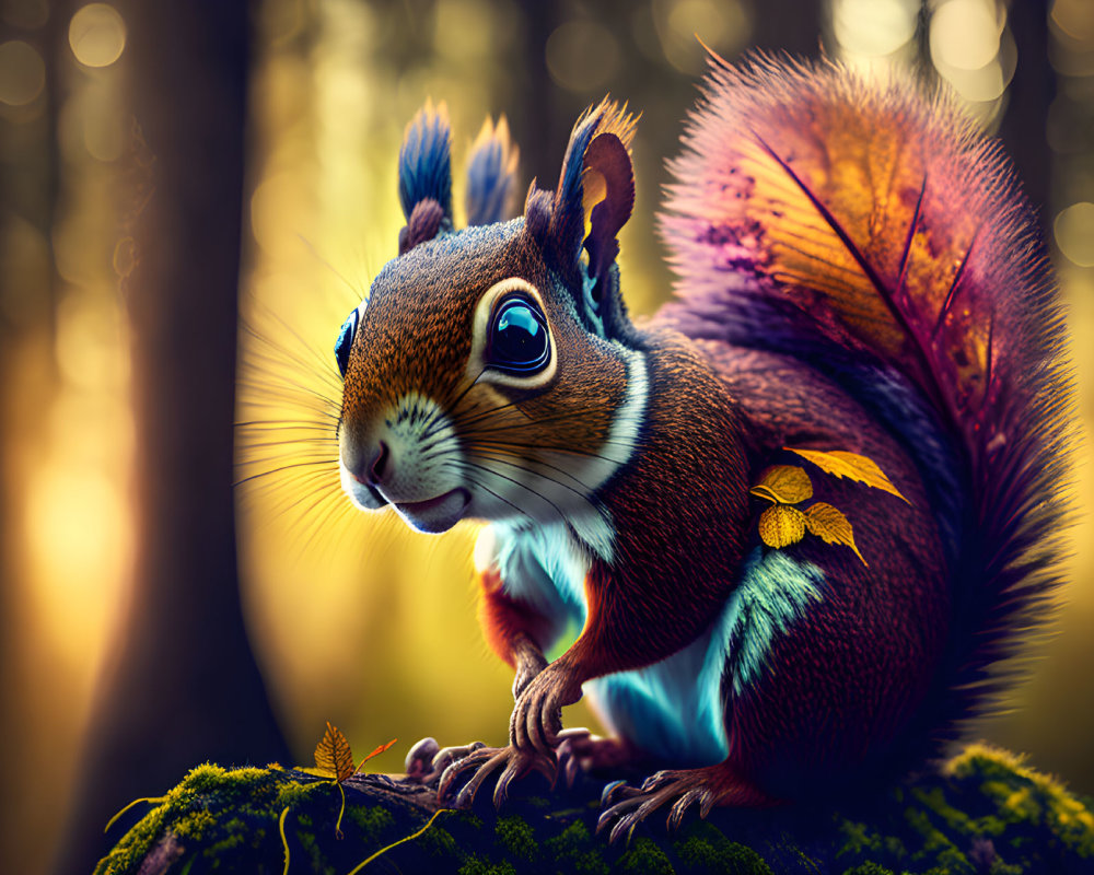 Digital Art: Squirrel on Mossy Log in Forest Scene