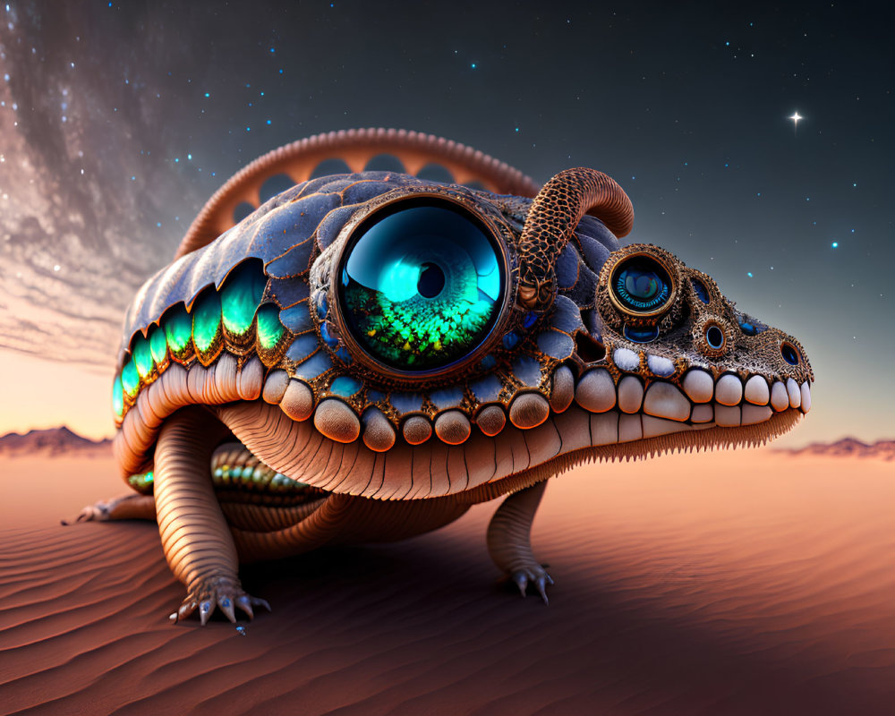 Detailed surreal chameleon-like creature with large blue eyes in desert galaxy.