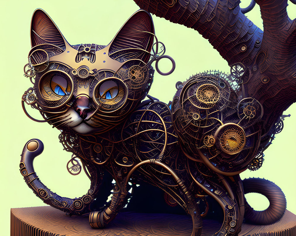 Detailed Steampunk Style Cat Illustration with Mechanical Gears