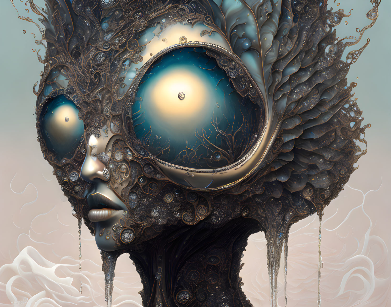 Surreal digital art: humanoid figure with ornate features and cosmic eyes