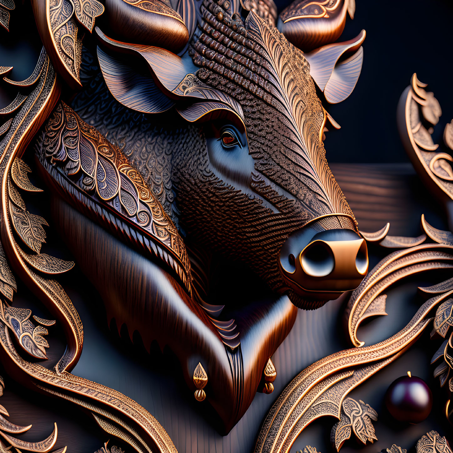 Intricate digital art: stylized bull's head with metallic textures on dark background