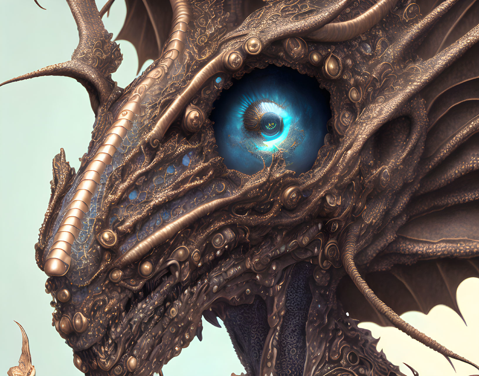 Detailed Steampunk Mechanical Dragon with Blue Eye