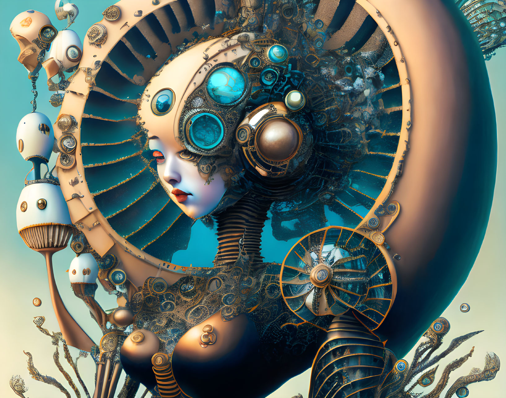 Surreal steampunk-style digital artwork with female figure and mechanical gear elements