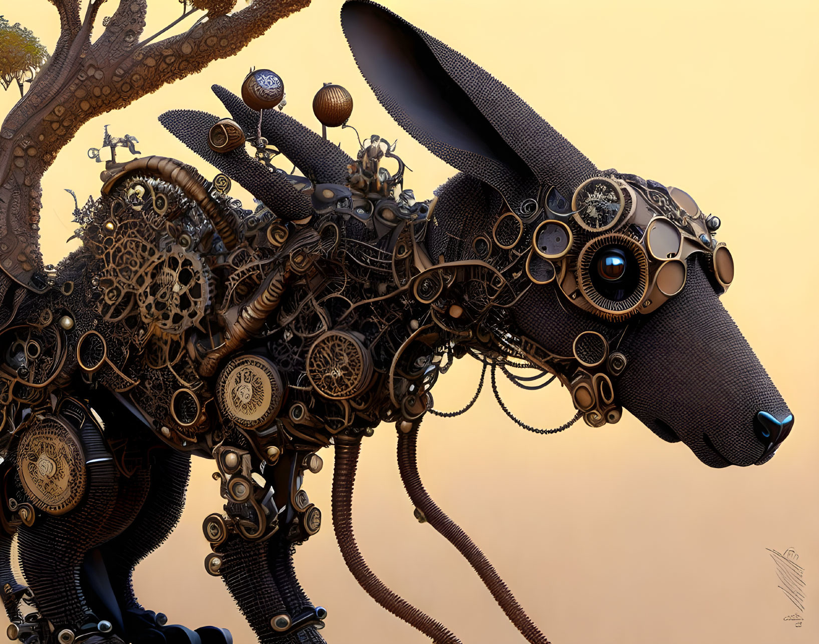 Steampunk-inspired mechanical rabbit sculpture with intricate gears and cogs on warm backdrop