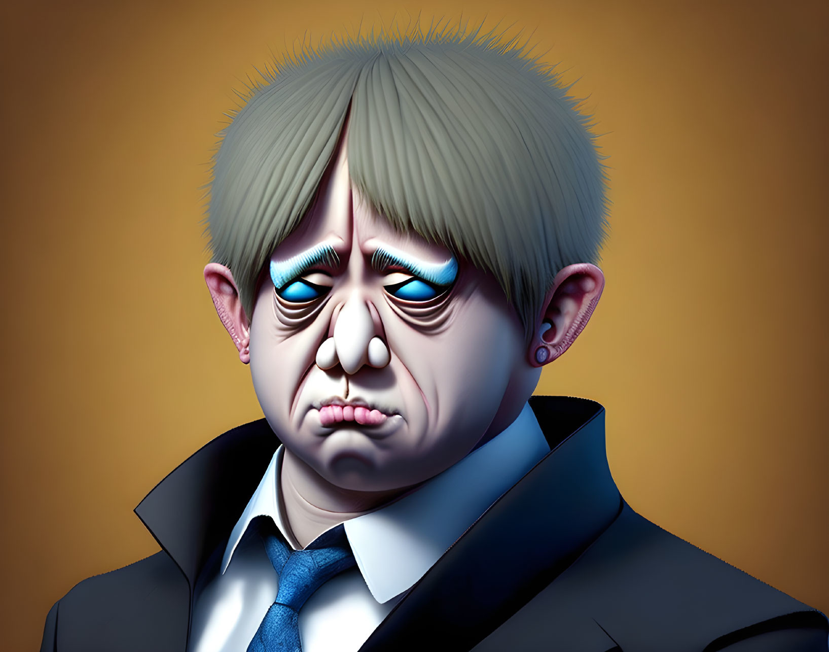 Exaggerated sad man caricature with blond hair and dark suit