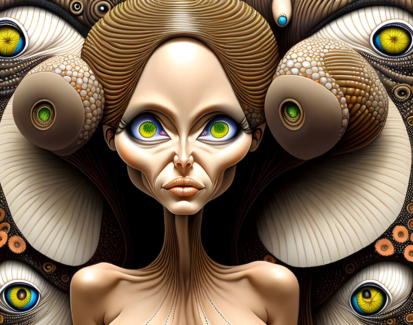 Exaggerated eyes in surreal portrait with eye-like patterns