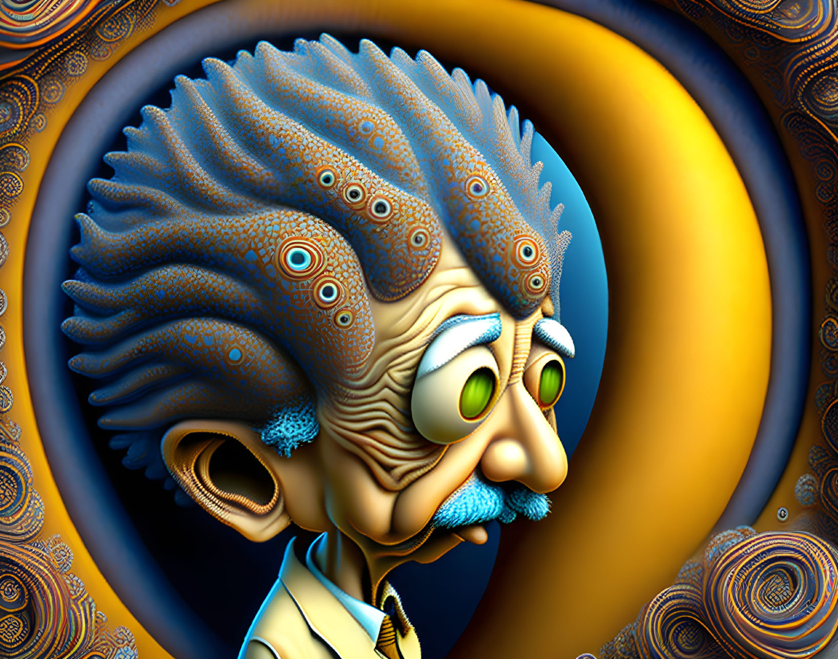 Vibrant digital artwork of stylized elderly character with intricate patterns on skin against abstract background