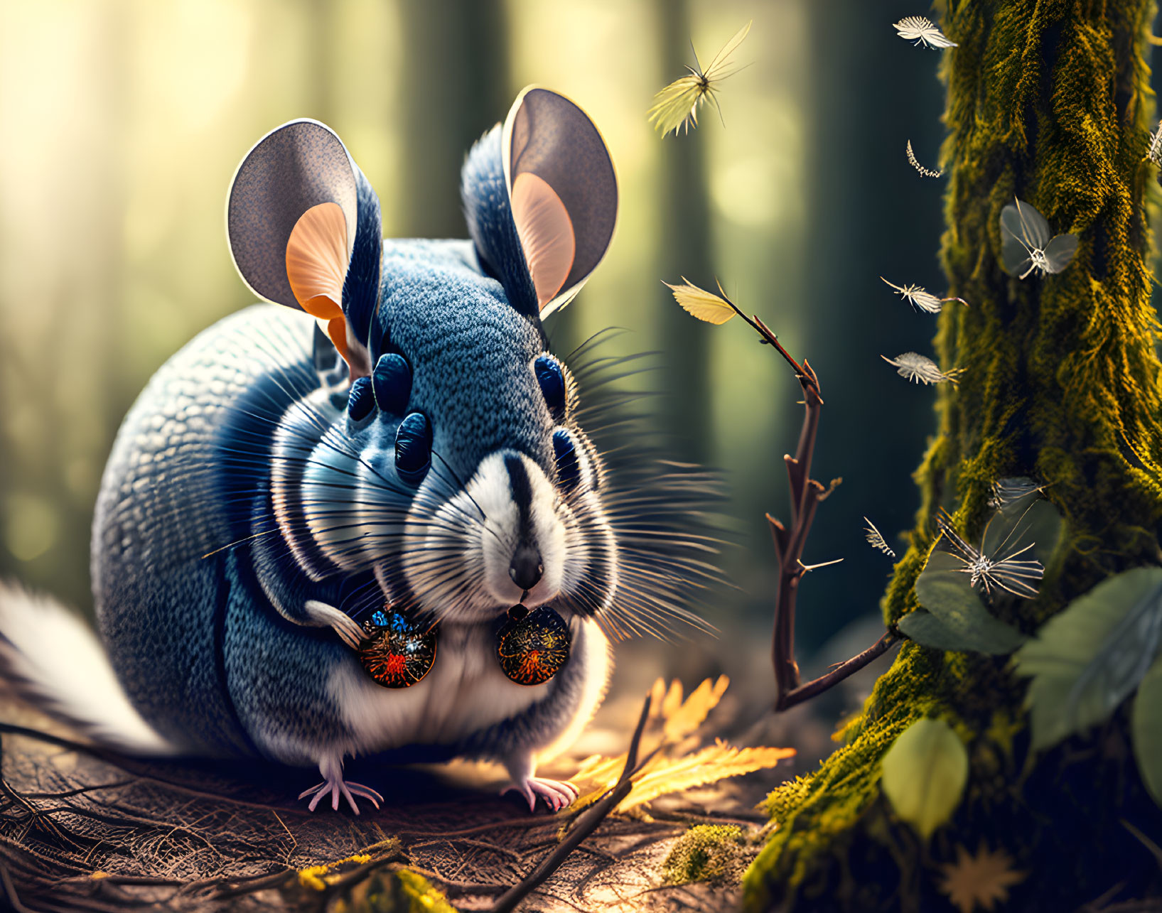 Digital art creature with chinchilla body and mechanical elements in forest scene