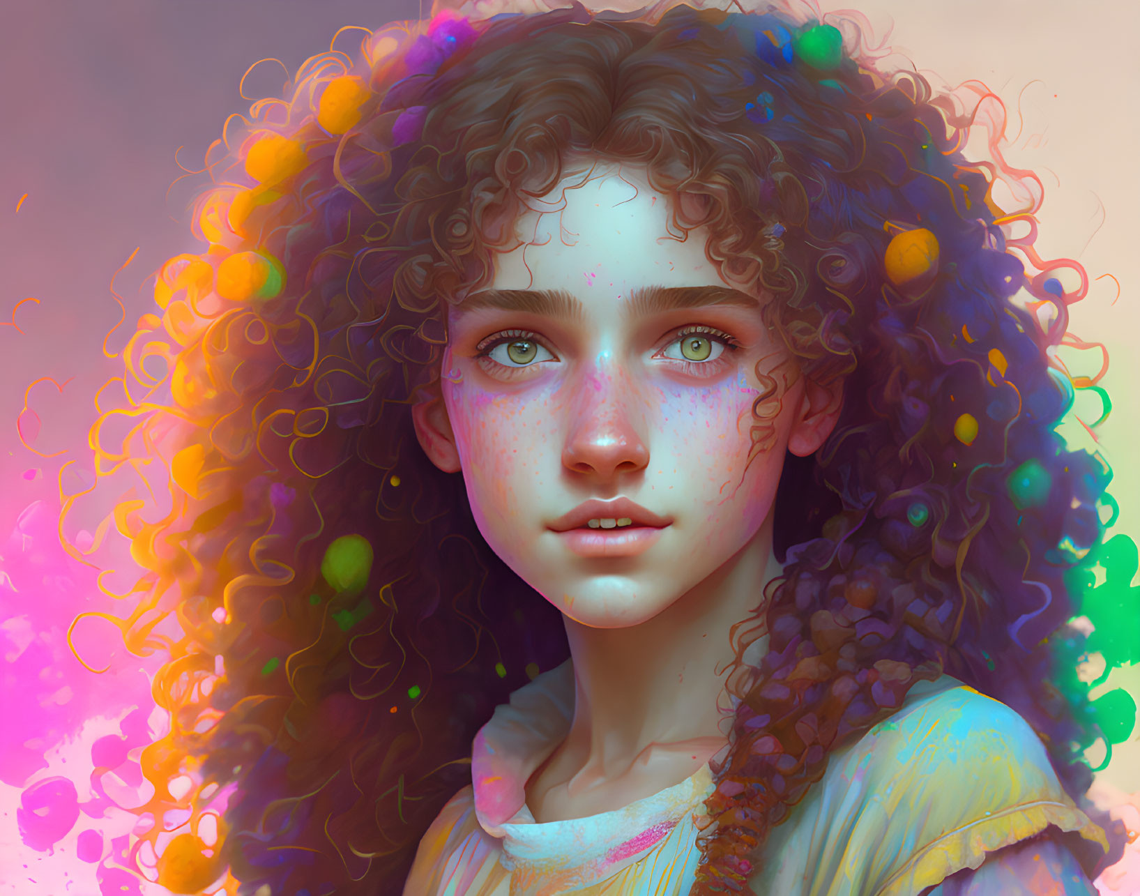 Curly-haired girl with blue eyes in dreamy pink ambiance