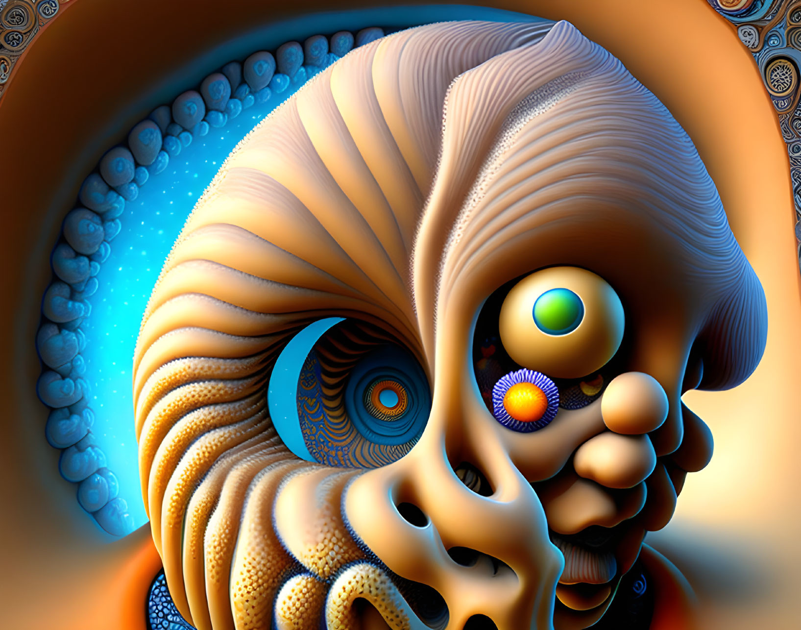 Surreal digital artwork: face with fractal textures and vibrant colors