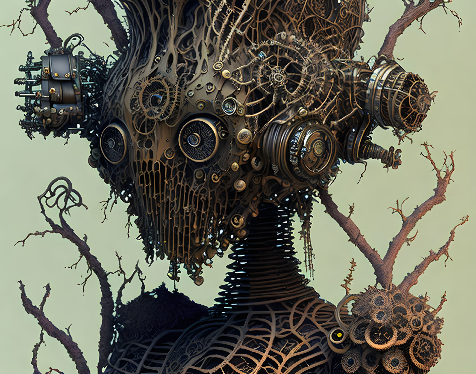 Intricate Steampunk Tree with Mechanical Elements and Gear Textures