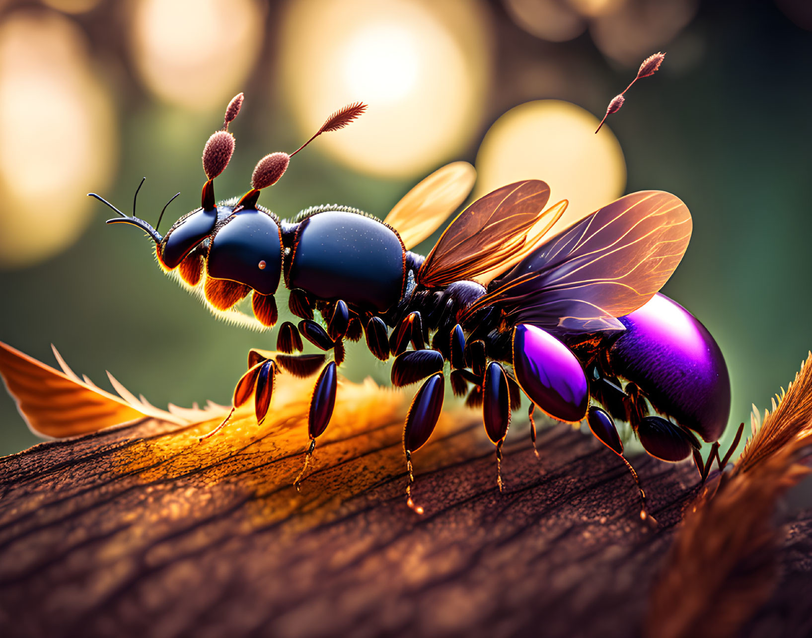 Vibrant digitally-enhanced insect with expanded wings on wooden surface