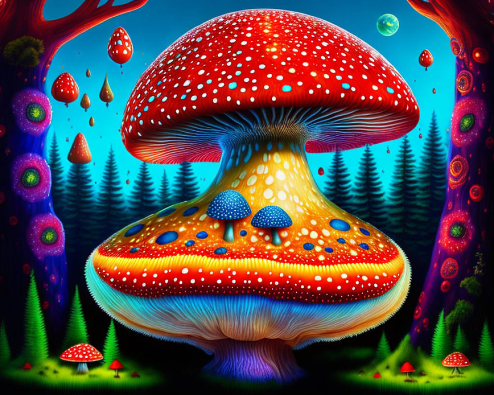 Colorful oversized mushrooms in whimsical forest scene
