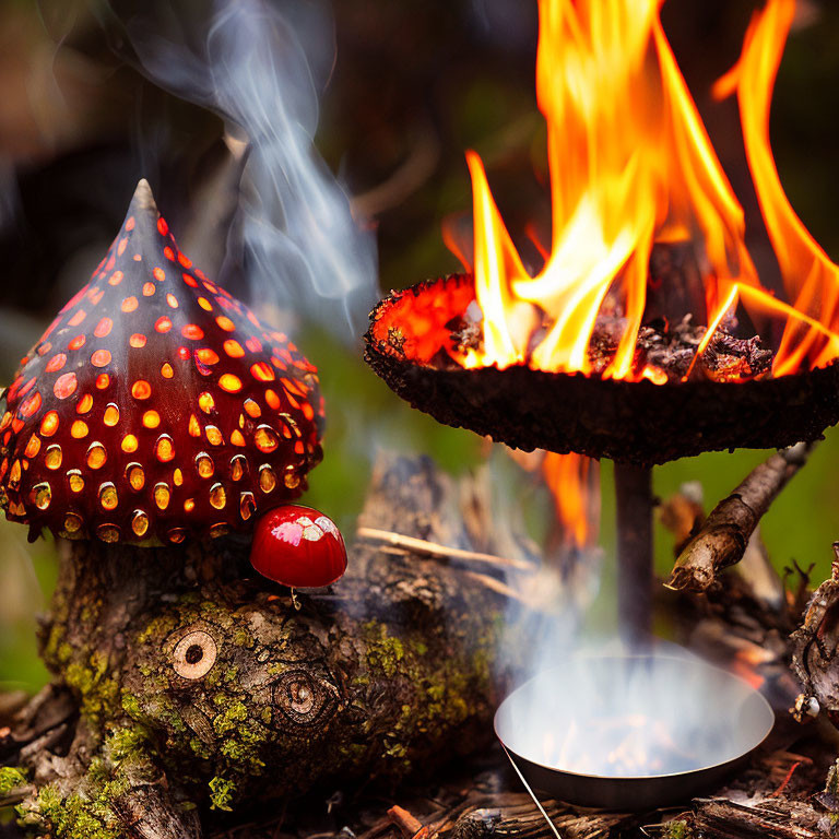 Red mushroom with white spots beside campfire in forest setting