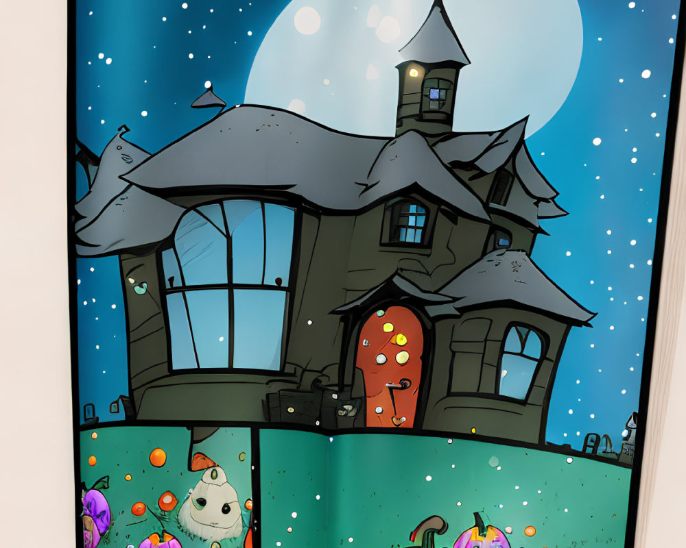 Whimsical crooked house at night with pumpkins, ghost, and full moon