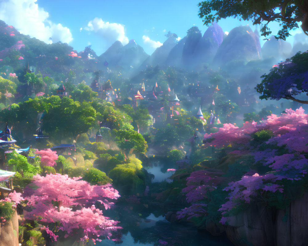 Colorful fantasy landscape with pink blossoming trees, tranquil river, misty mountains, and serene sky