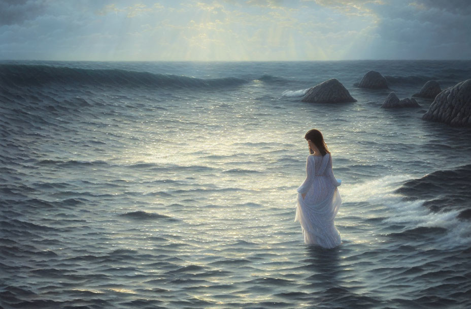 Woman in white dress in surreal seascape with sun rays and gentle ripples