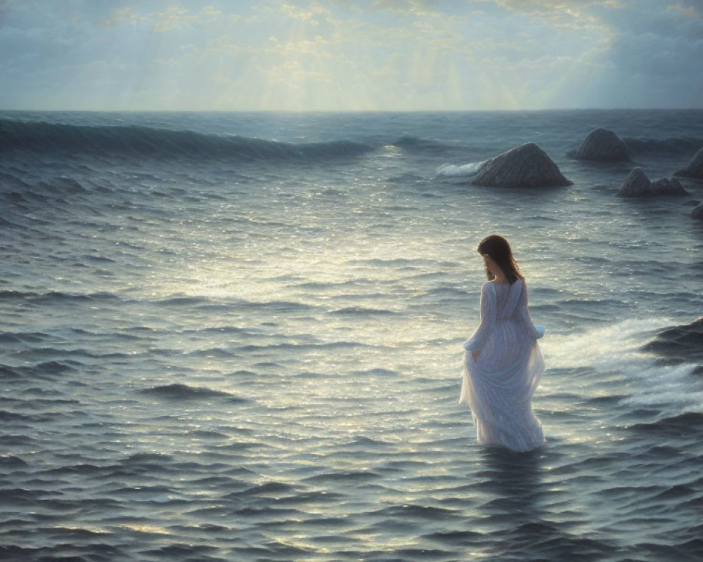 Woman in white dress in surreal seascape with sun rays and gentle ripples