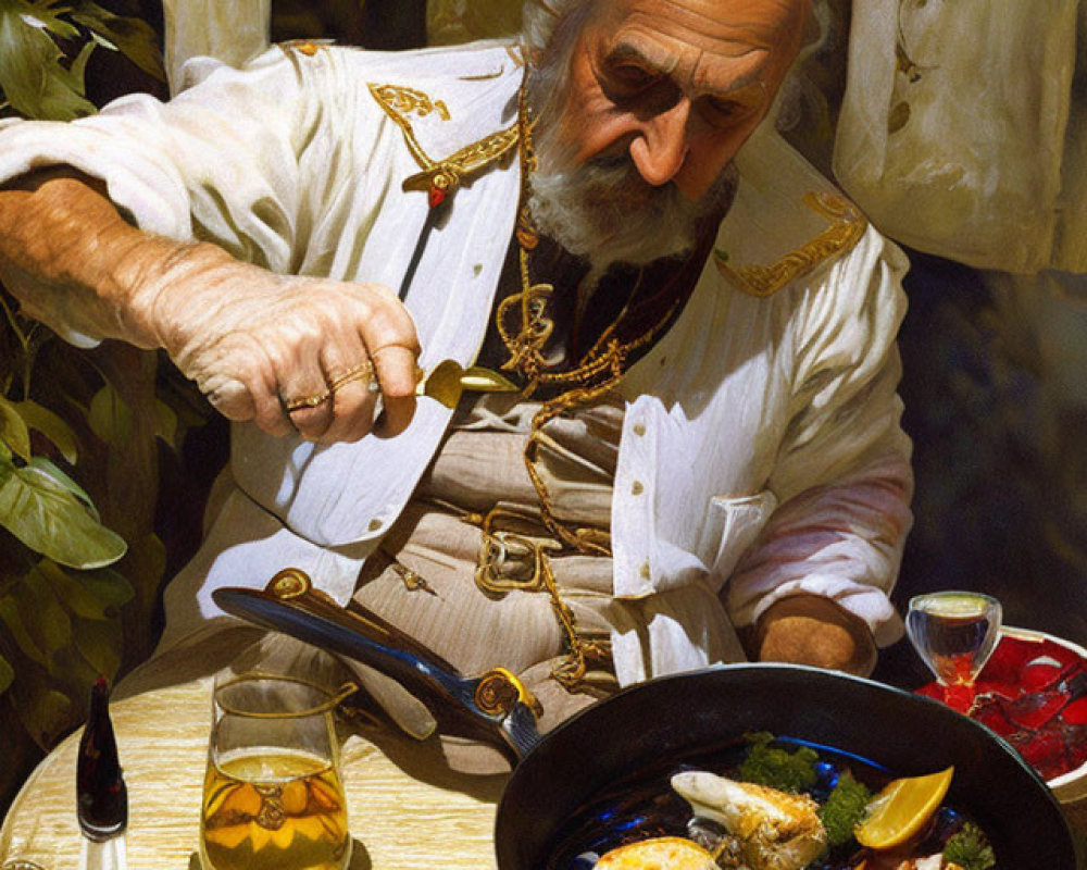 Elderly man in ornate uniform carving food at table with beer and wine