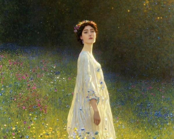 Woman in flowing dress with flower crown in sunlit wildflower field