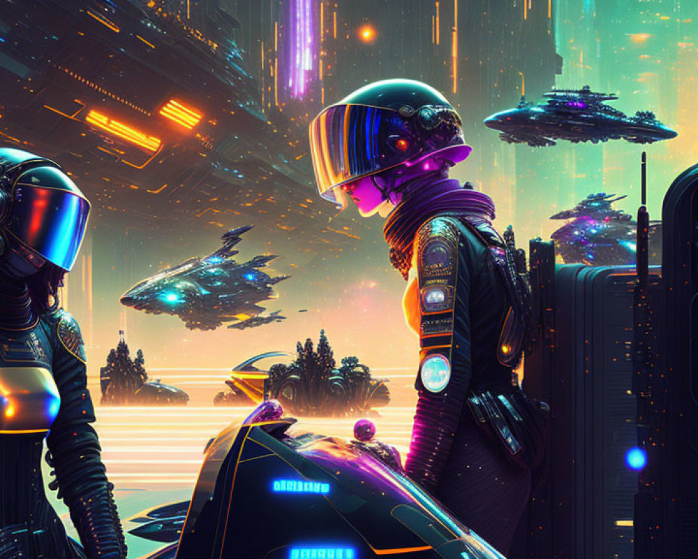 Astronauts in reflective helmets in futuristic cityscape with flying vehicles and neon lights.