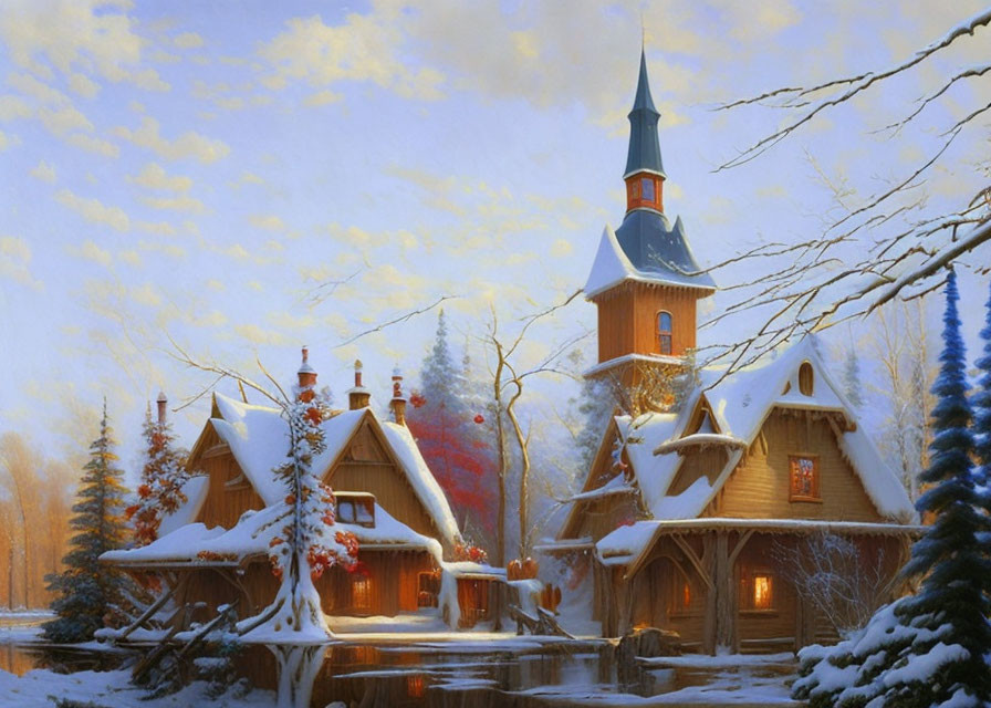Winter scene: cottages, frozen river, church spire, snowy trees, golden twilight sky