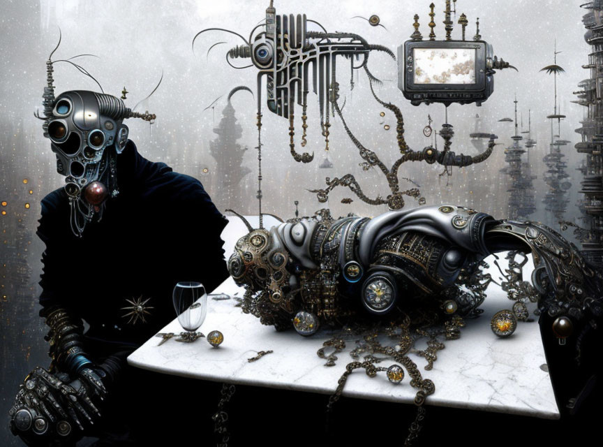 Steampunk-themed figure with mechanical mask and goggles in industrial setting.