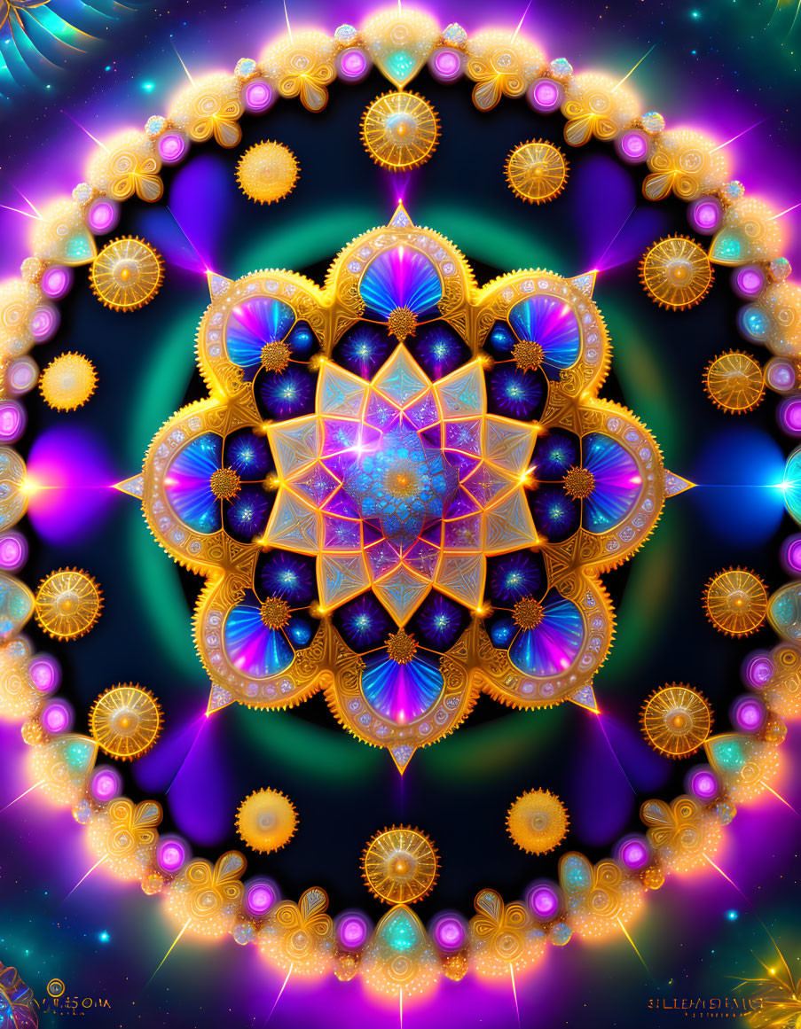 Symmetrical mandala digital art with gold, blue, and purple patterns on cosmic backdrop
