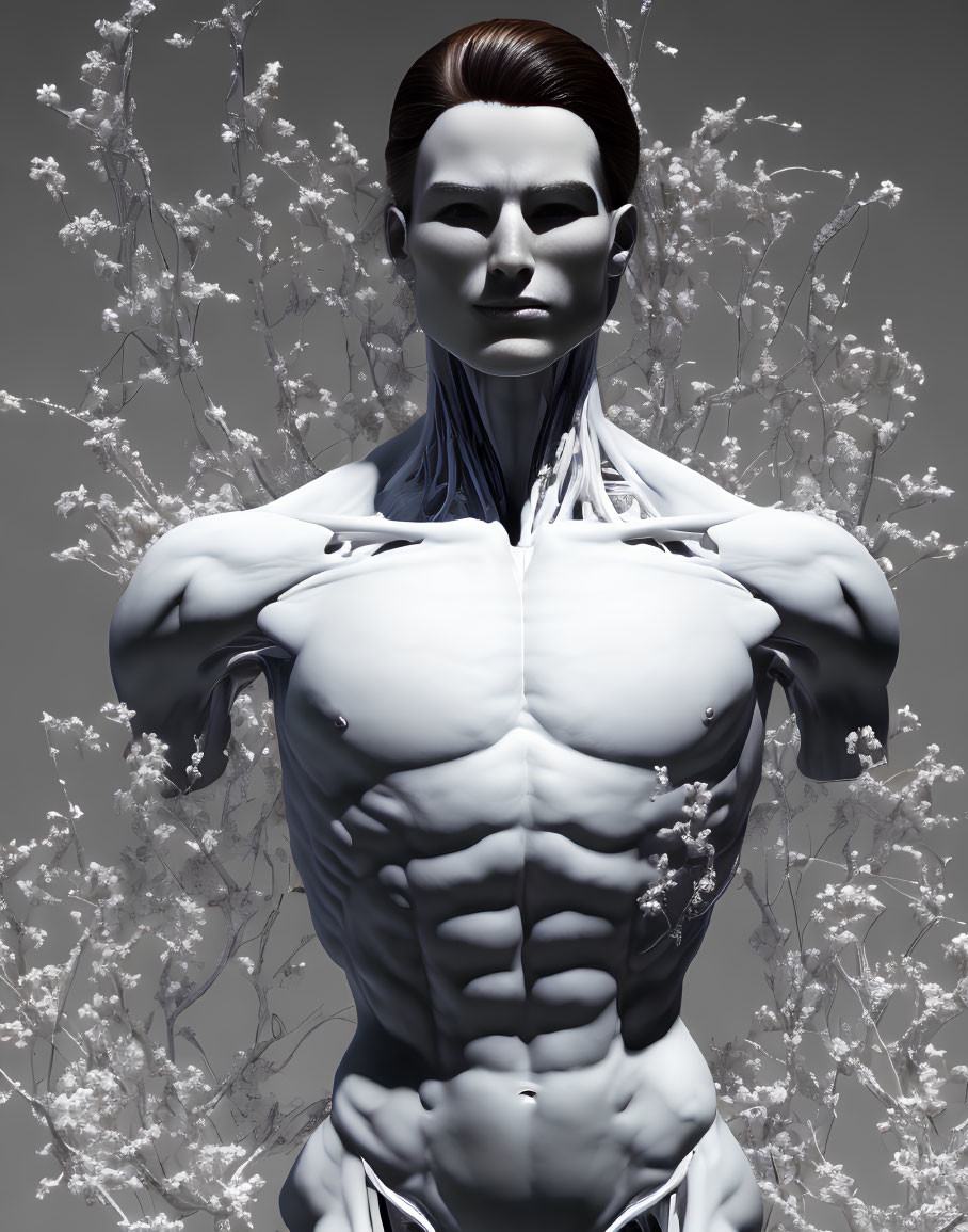 Digital artwork: Humanoid figure with stylized muscles and blossoming branches on grey background