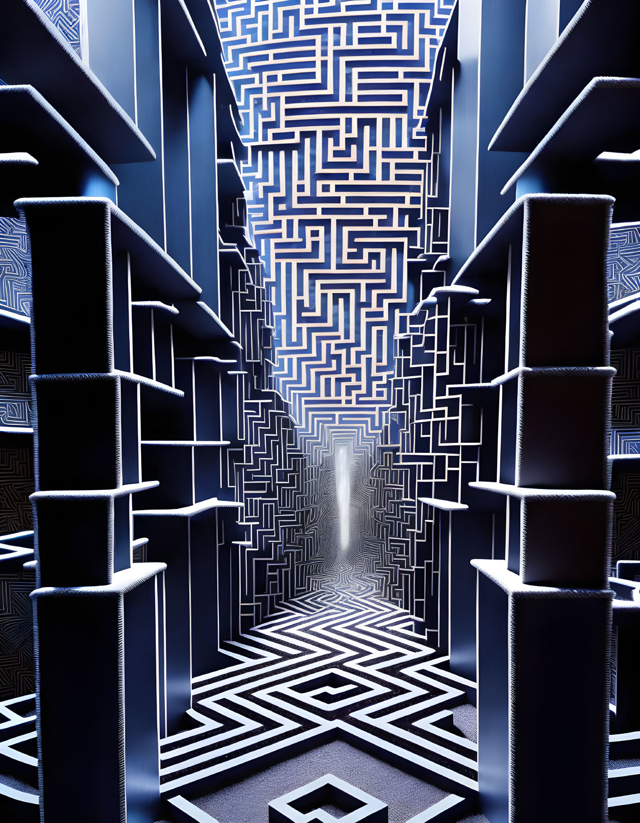 Maze-Patterned Hallway with Blue Neon Lights and White Doorway