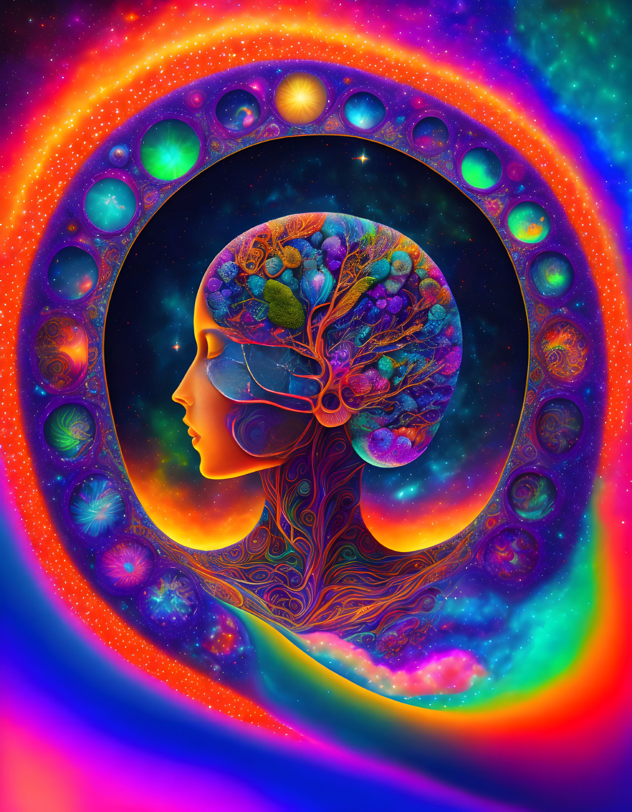 Colorful Human Profile with Tree Brain in Cosmic Background