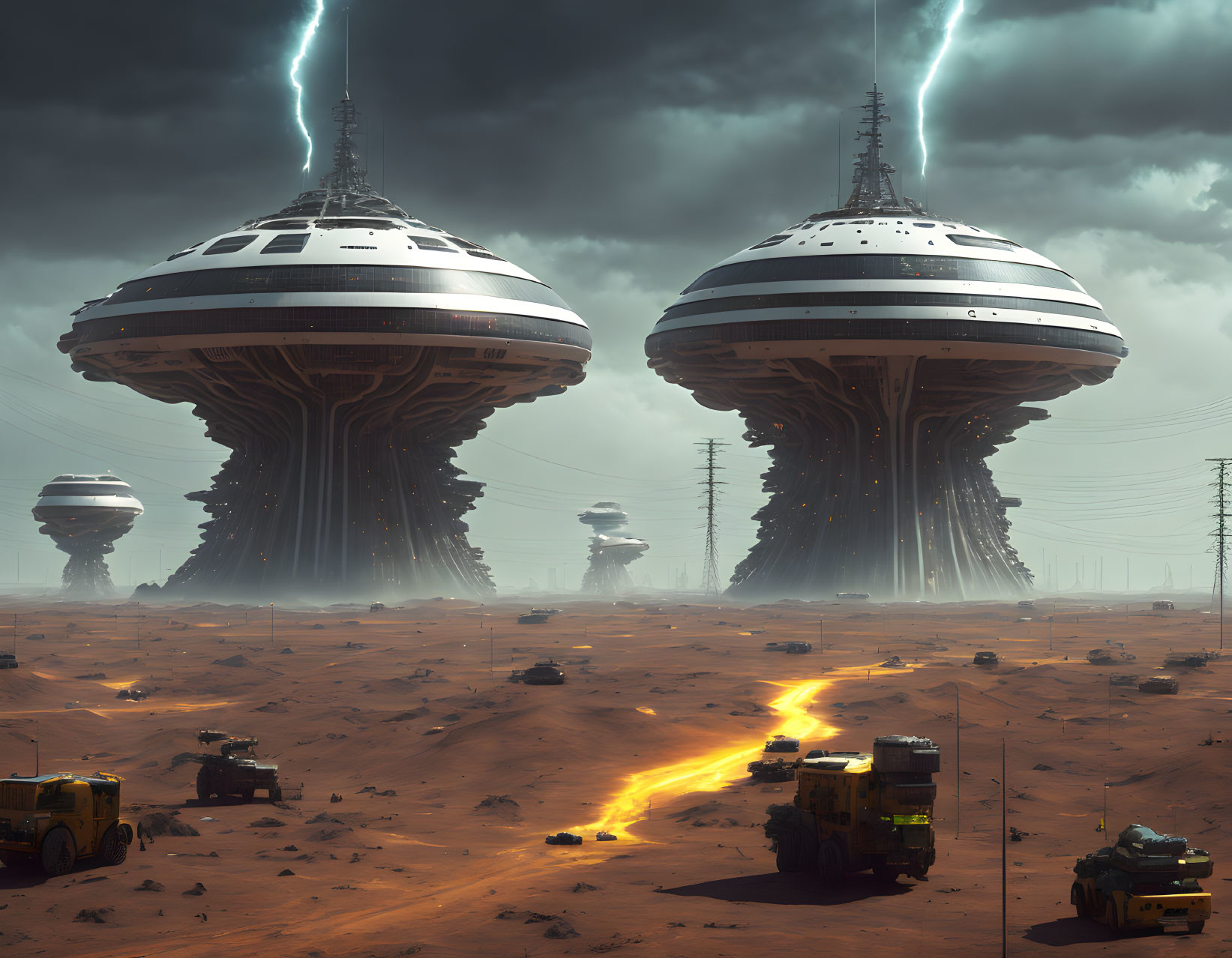 Futuristic desert landscape with mushroom-shaped structures, lightning, and vehicles.