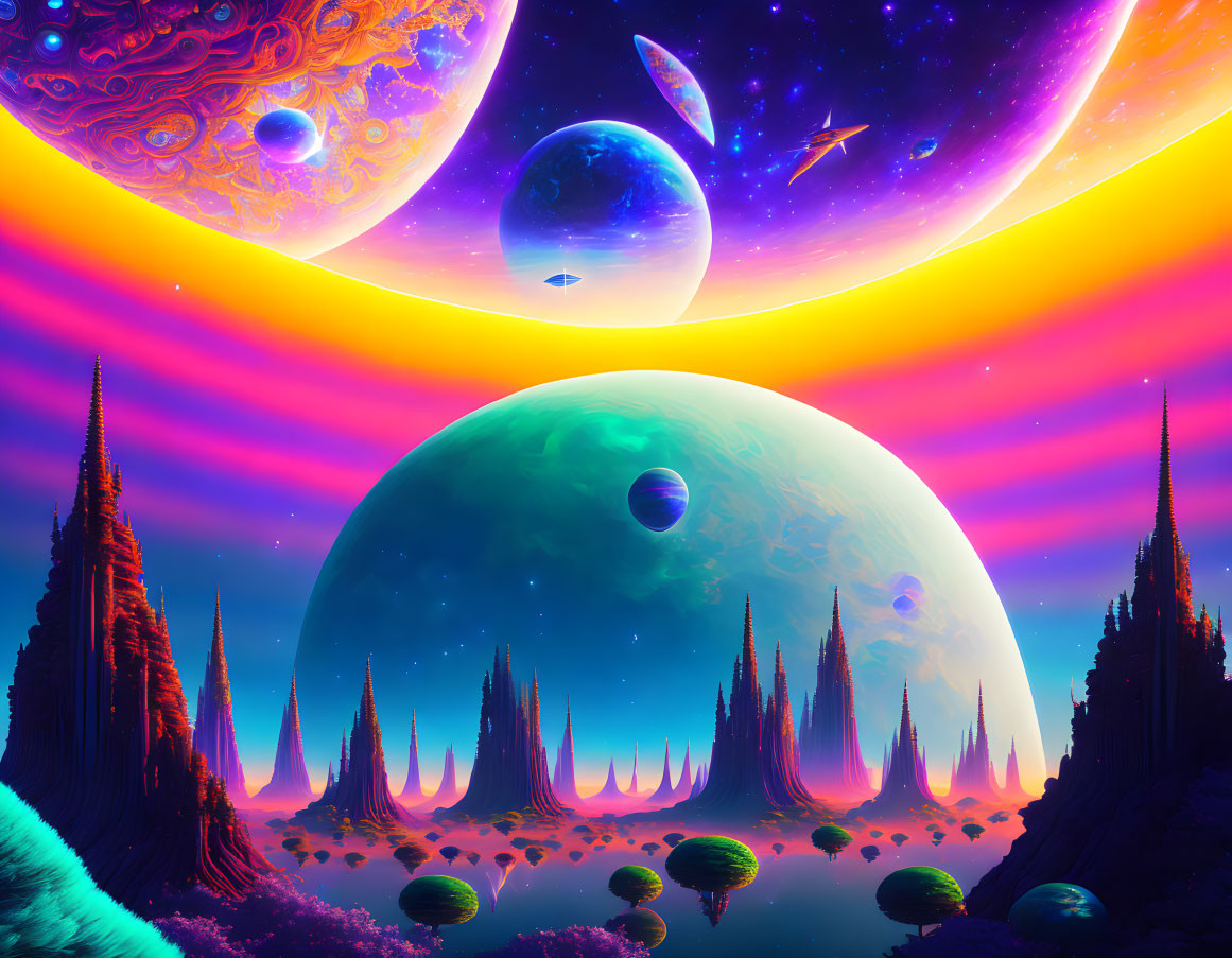 Colorful alien landscape with towering spires and floating islands