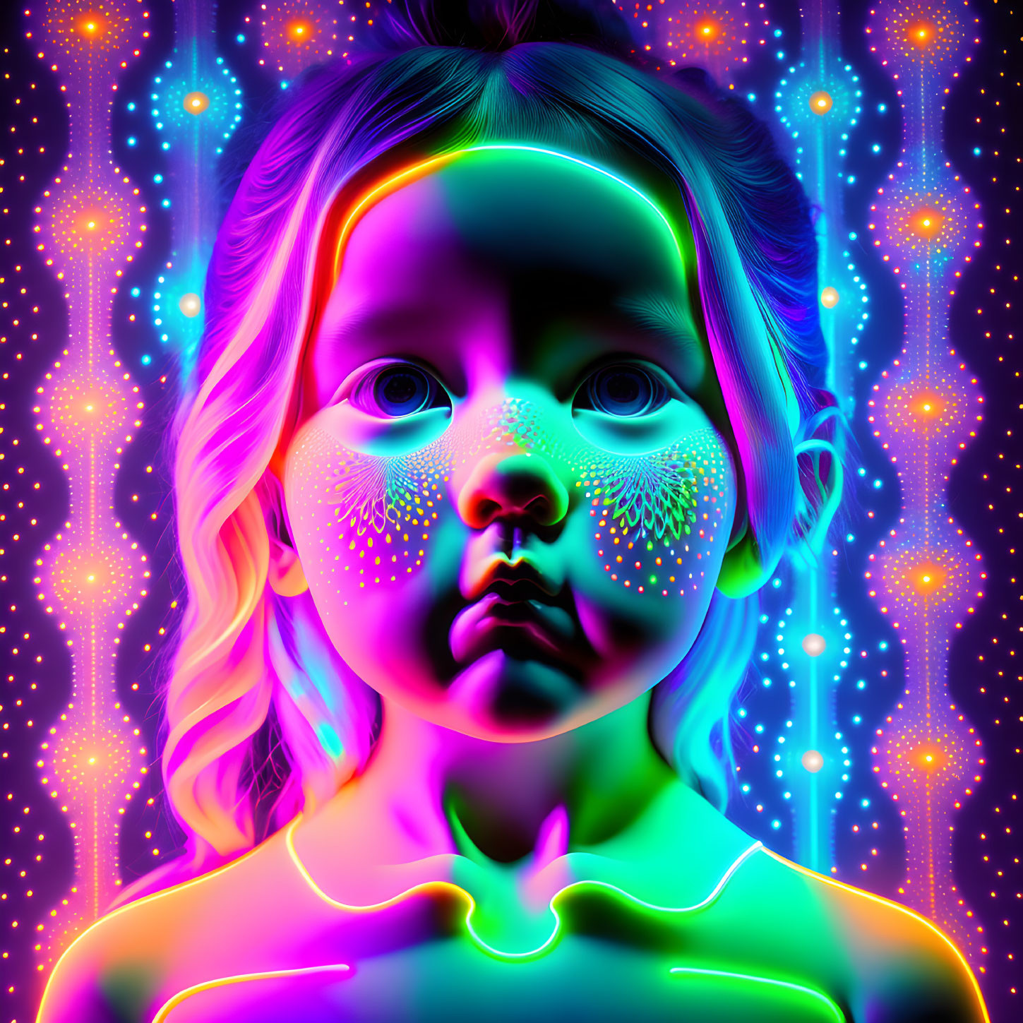 Colorful Child Portrait with Neon Glows and Abstract Patterns
