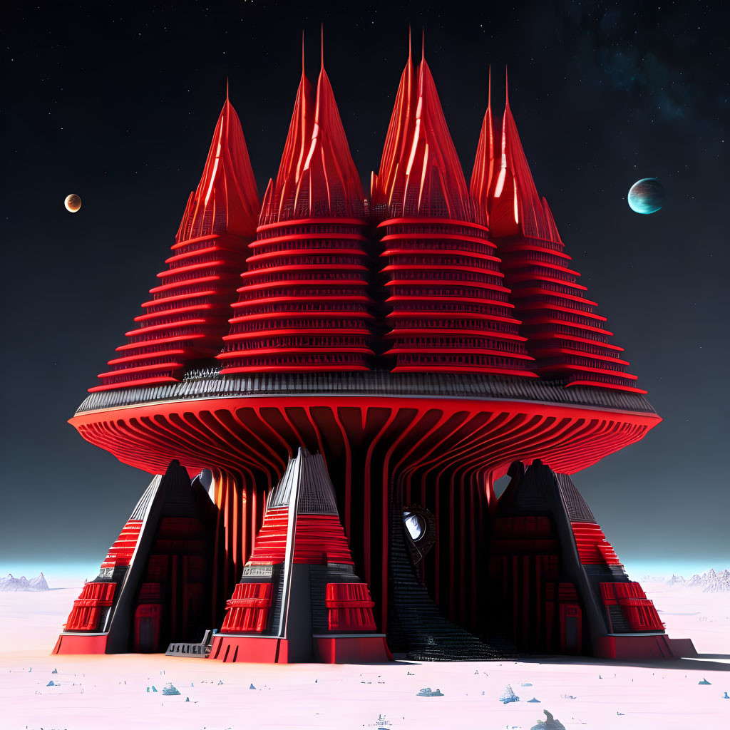 Red futuristic building with spires on alien landscape with two moons